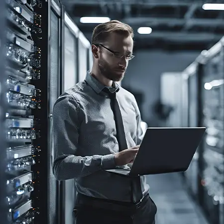 Man in Data Centre looking at laptop
